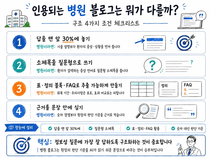 인용되는 병원 블로그의 5가지 구조 조건(두괄식, 질문형 소제목, 표·FAQ 활용, 근거 심기, 분기 갱신)을 나열한 점검표
