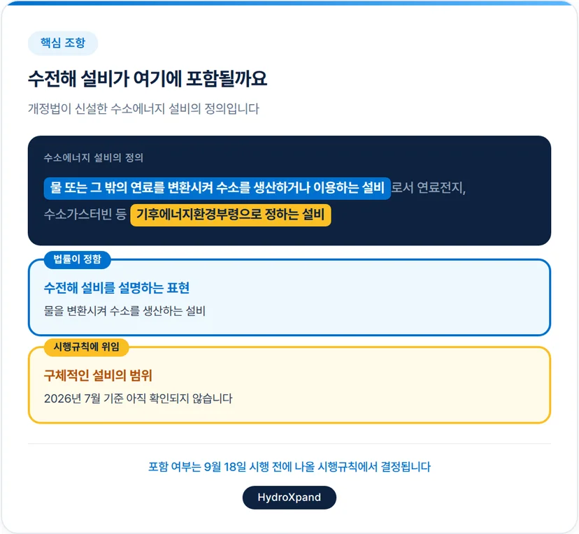 수소법의 수소에너지 설비 정의 - 수전해는 포함되는가