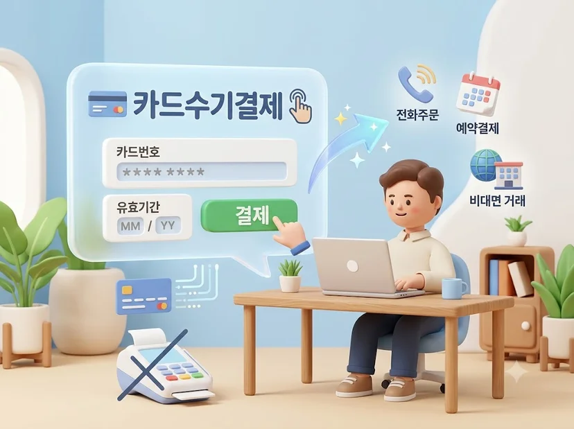 카드수기결제의 개념을 시각화한 이미지로, 판매자가 노트북을 이용해 고객의 카드 정보를 입력하는 모습과 함께 전화 주문, 예약 결제, 비대면 거래 등 카드 실물 없이 결제가 가능한 상황들을 3D 캐릭터 아이콘으로 표현