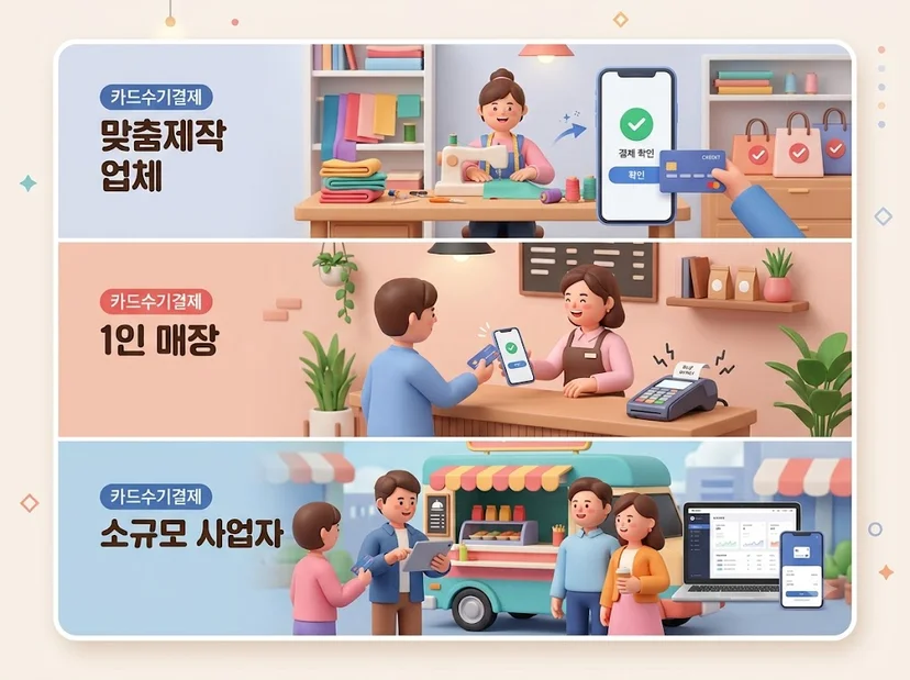 첫 번째는 맞춤제작 업체가 비대면으로 결제를 받는 모습, 두 번째는 1인 매장이 스마트폰을 활용해 결제하는 모습, 세 번째는 소규모 사업자가 스마트폰과 노트북을 이용해 다양한 방식으로 결제를 진행하는 모습