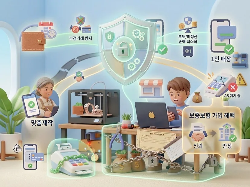 결제대행사(PG) 서비스 이용 시 필요한 보증보험의 역할과 혜택을 3D 일러스트로 설명하는 이미지