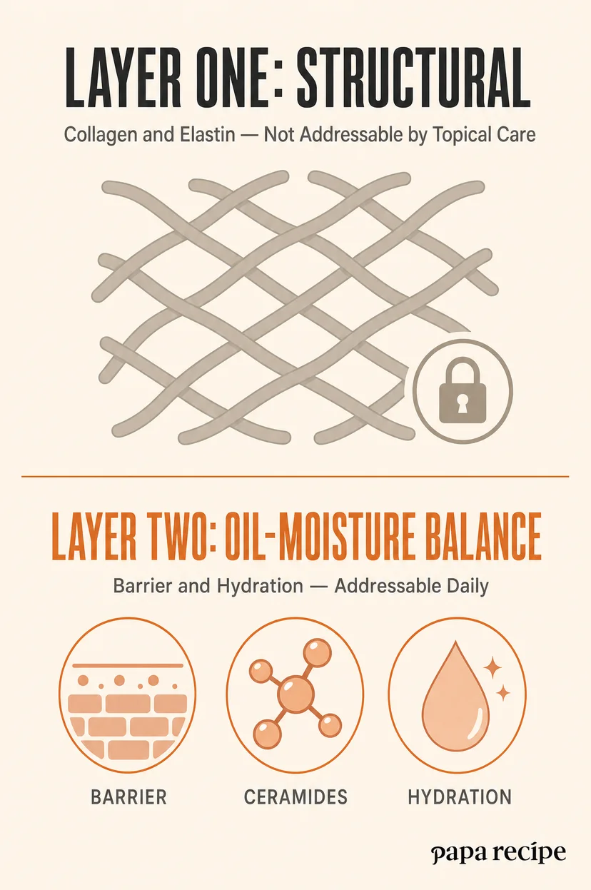 Two-layer skin diagram: locked collagen-elastin lattice labeled structural, and barrier, ceramide, and hydration icons labeled oil-moisture balance.