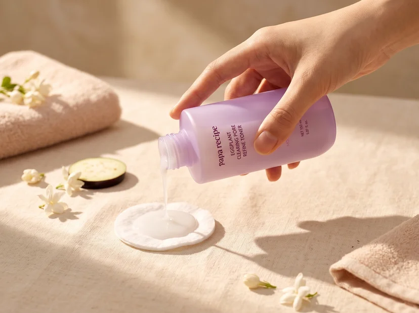 Hand pouring Papa Recipe milky toner onto a cotton pad beside a sliced eggplant and jasmine flowers on a linen towel.