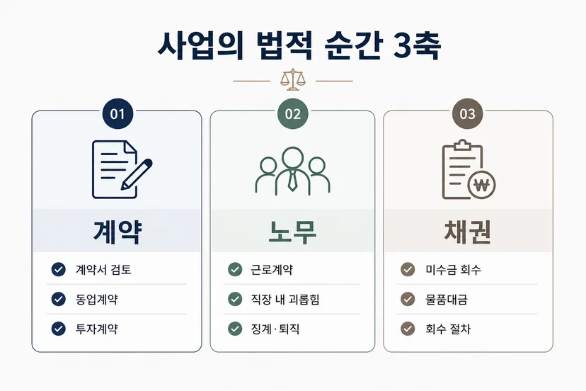 임호균 변호사 계약 노무 채권 3대 법률 서비스 영역 안내도