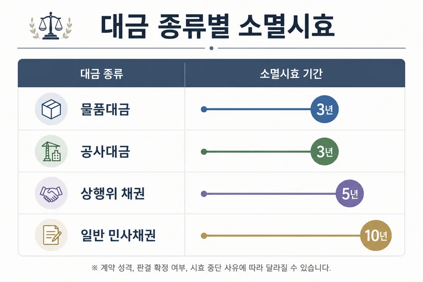 물품대금 공사대금 상사채권 소멸시효 비교표