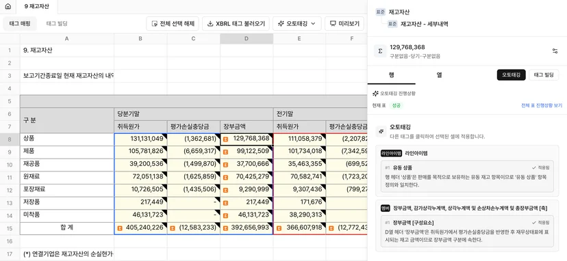 인벡터 XBRL 오토태깅 결과 화면 — 재고자산 표에 유동 상품 라인아이템과 장부금액 구성요소가 배정되고 각 태그의 배정 근거가 표시된 모습
