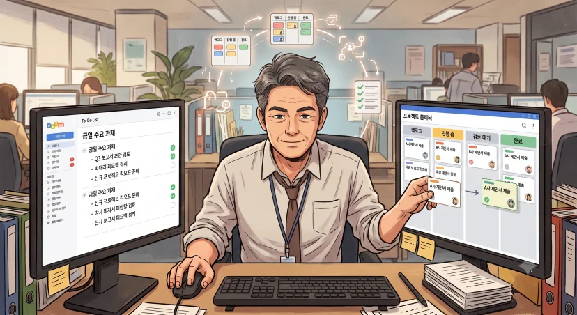 개인업무관리툴을 활용해 칸반보드와 To-Do 리스트로 업무를 정리하는 스마트한 김부장 모습