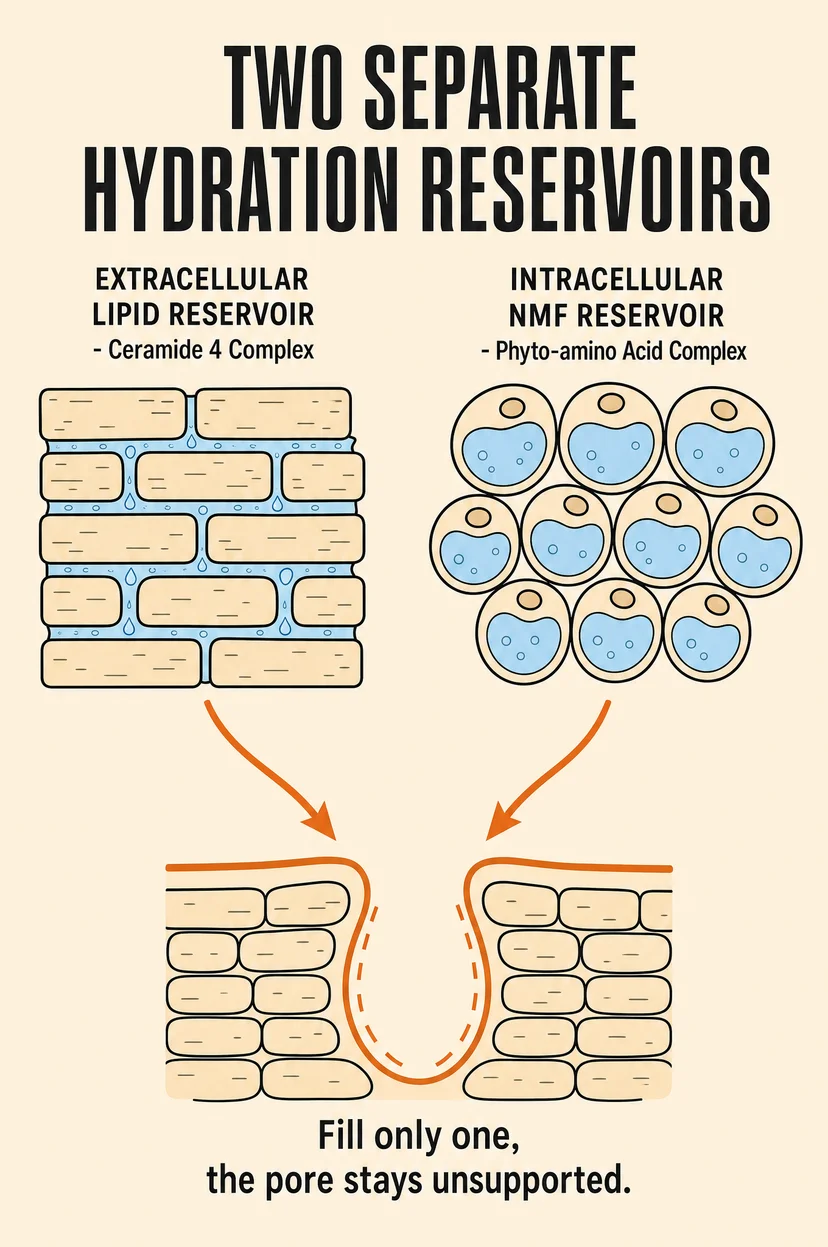 Diagram of two separate skin hydration reservoirs: an extracellular ceramide lipid layer between skin cells and an intracellular NMF phyto-amino acid reservoir inside cells, both feeding into a pore.