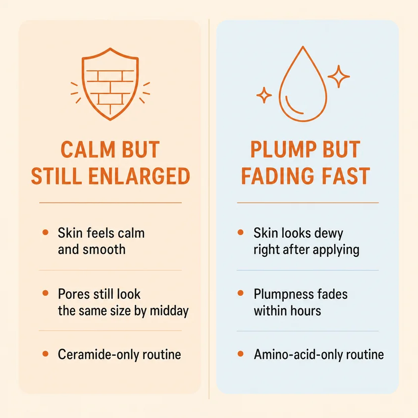 Comparison chart contrasting a ceramide-only routine that leaves pores calm but enlarged with an amino-acid-only routine that looks plump but fades within hours.