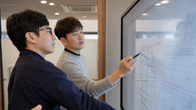 소회의실에서 전자칠판 화면을 터치하며 판서와 협업을 하는 두 직장인의 모습