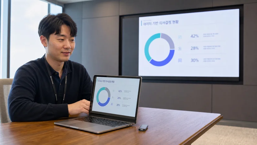 노트북에서 케이블 없이 회의실 LED 화면으로 슬라이드를 무선 공유하는 직장인의 모습