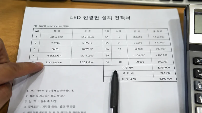 캐비닛과 수신카드, 예비 모듈까지 항목별로 나뉜 LED 프로젝트 견적서를 검토하는 모습