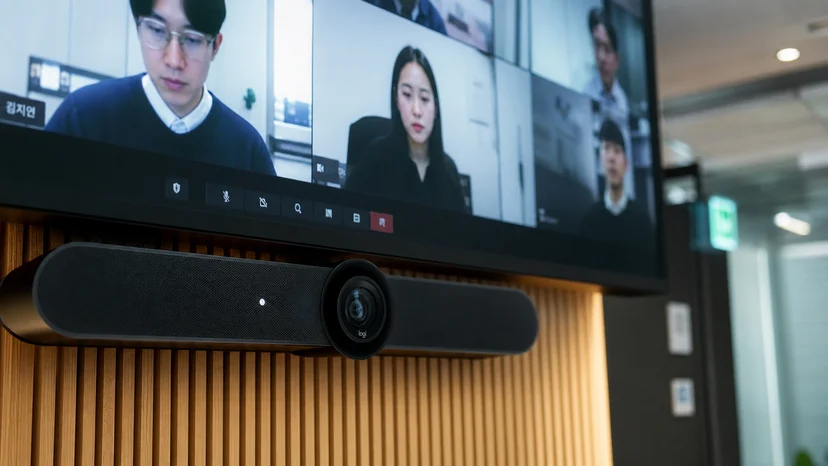 회의실LED 화면 아래 설치된 화상회의 카메라와 원격 참가자가 표시된 화면