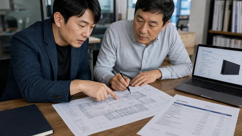 회의실 도면과 견적서를 함께 검토하며 회의실LED 사양을 확인하는 상담 장면