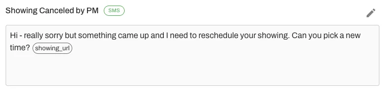 The reschedule message is editable, with the showing_url variable inserting the rescheduling link