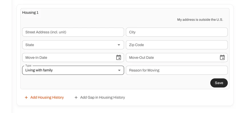 "Living with family" lets applicants complete housing history without reference or rent details