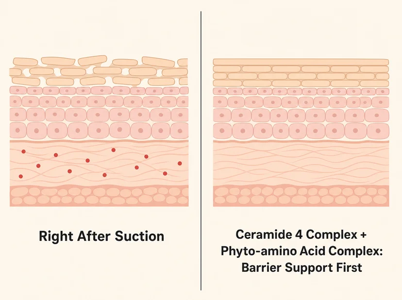 An illustrated infographic comparing the cross-section of an uneven skin surface right after pore suction (left) with a neatly organized skin barrier after using Ceramide 4 Complex and Phyto-amino Acid Complex (right).
