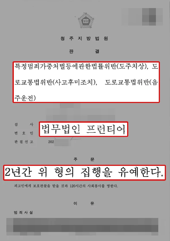 음주운전 도주치상 사건 집행유예 2년 판결문