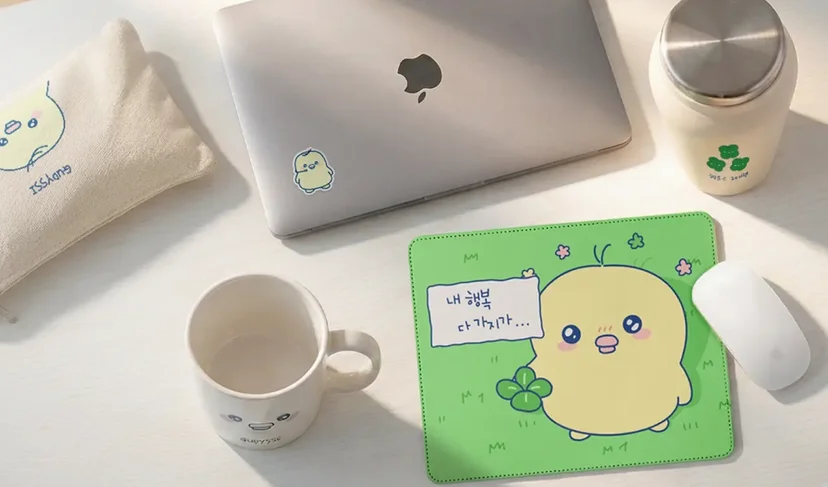 마플 일상용 덕질 굿즈 – 병아리 캐릭터를 인쇄한 초록색 마우스패드와 머그컵, 파우치, 텀블러를 노트북과 함께 흰색 책상에 배치한 이미지