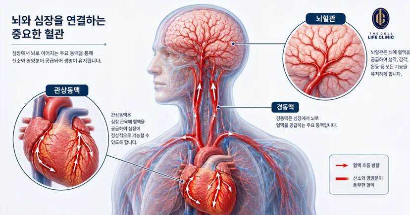뇌와 심장을 연결하는 중요한 혈관, 관상동맥과 뇌혈관을 함께 보여주는 인체 혈관계 일러스트