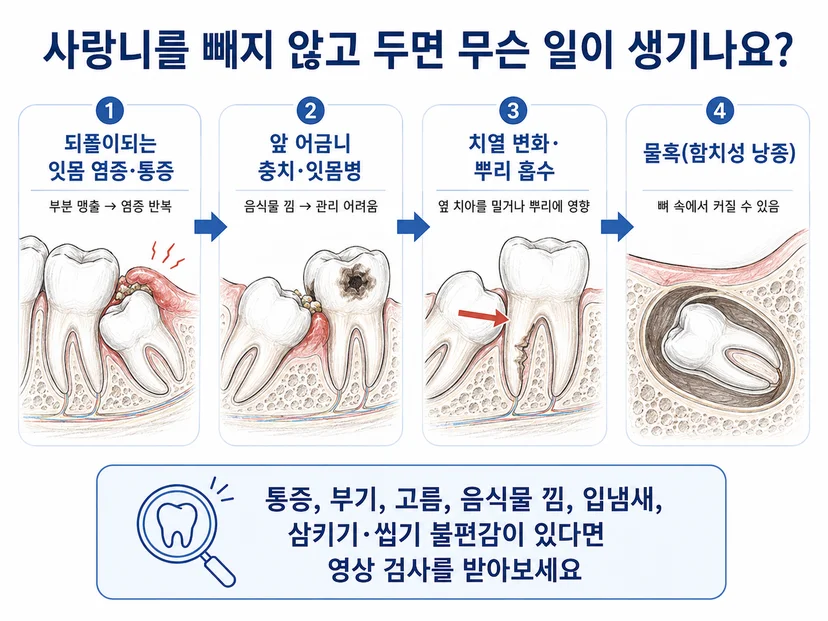 매복 사랑니를 방치했을 때 잇몸 염증, 인접치 충치, 치열 변화, 함치성 낭종으로 이어지는 진행 흐름 다이어그램