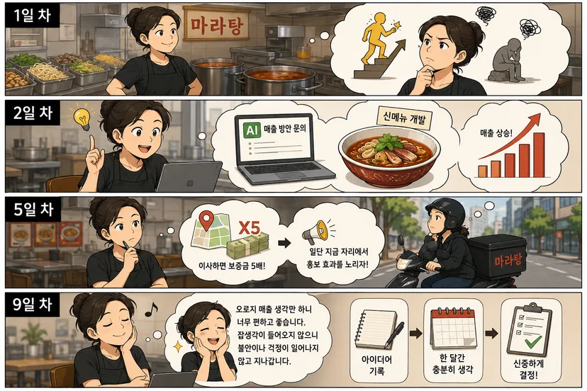 40대 마라탕 가게 여성 사장님이 9일 동안 매출 향상을 위해 몰입하는 과정을 4컷 만화로 표현했다. 1일 차에는 성공한 사람과 실패한 사람의 차이를 고민하며 생각에 잠기고, 2일 차에는 AI와 신메뉴 아이디어를 떠올린다. 5일 차에는 배달을 하면서도 현재 자리에서 홍보하는 전략을 구상하고, 9일 차에는 잡생각 없이 매출만 생각하며 아이디어를 기록한 뒤 충분히 숙성시켜 결정하기로 하는 모습을 담았다.