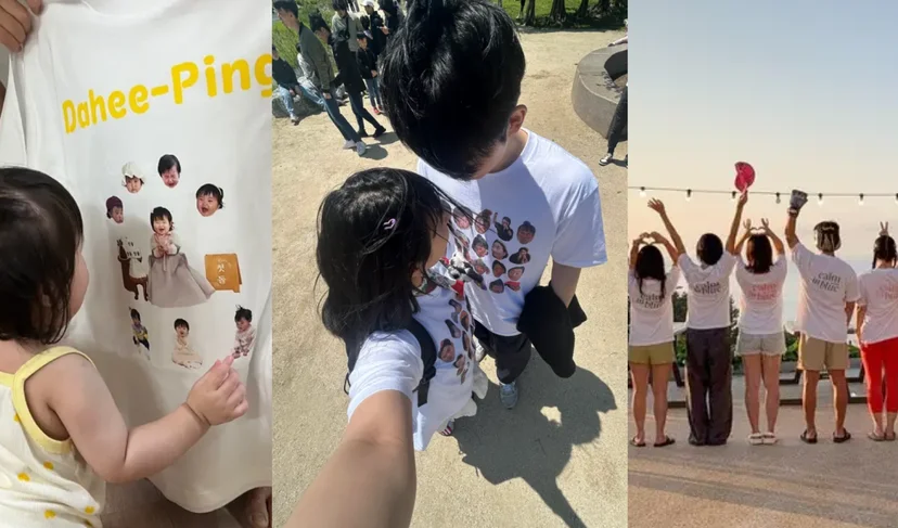 마플 커스텀 티셔츠 – 가족사진과 인물 얼굴, 단체 문구를 인쇄한 흰색 티셔츠를 아이와 가족, 친구들이 각각 착용한 후기 이미지