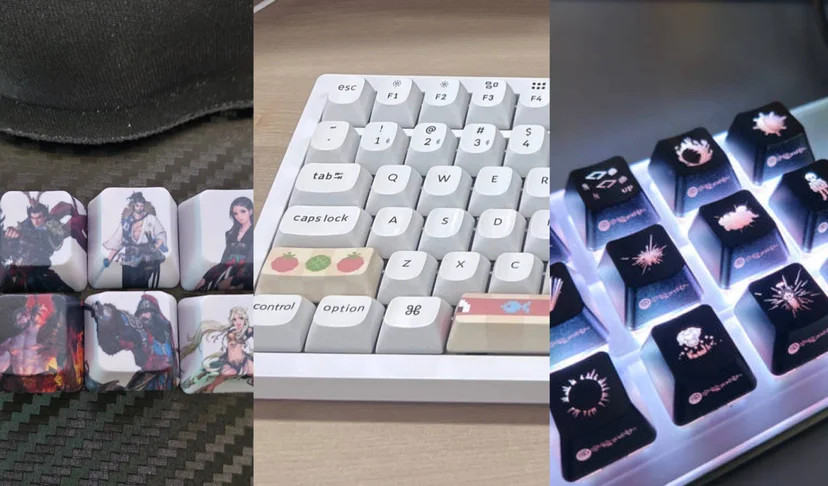 마플 커스텀 키캡 – 게임 캐릭터 일러스트와 과일 패턴을 인쇄한 키캡, LED 조명이 켜진 검은색 키캡을 키보드에 장착한 후기 이미지