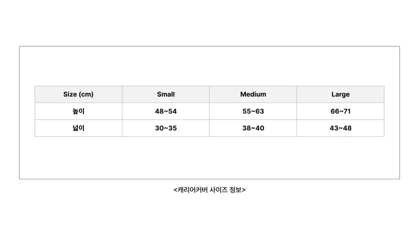 마플 캐리어커버 사이즈표 – 스몰·미디엄·라지 사이즈별 권장 높이와 너비를 센티미터 단위로 정리한 안내 이미지