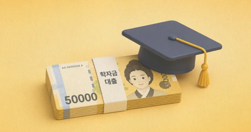 학사모와 5만원권 지폐로 표현하는 학자금대출 메타포 3d 아이콘