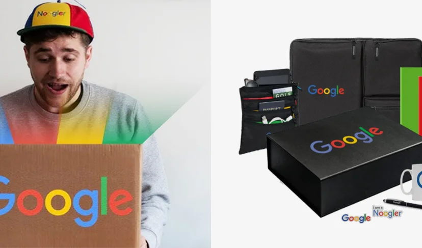 구글 내부 브랜딩 굿즈 – Google 로고를 적용한 웰컴키트 상자와 여행용 파우치, 여권 지갑, 머그컵 등 직원용 굿즈를 구성한 이미지