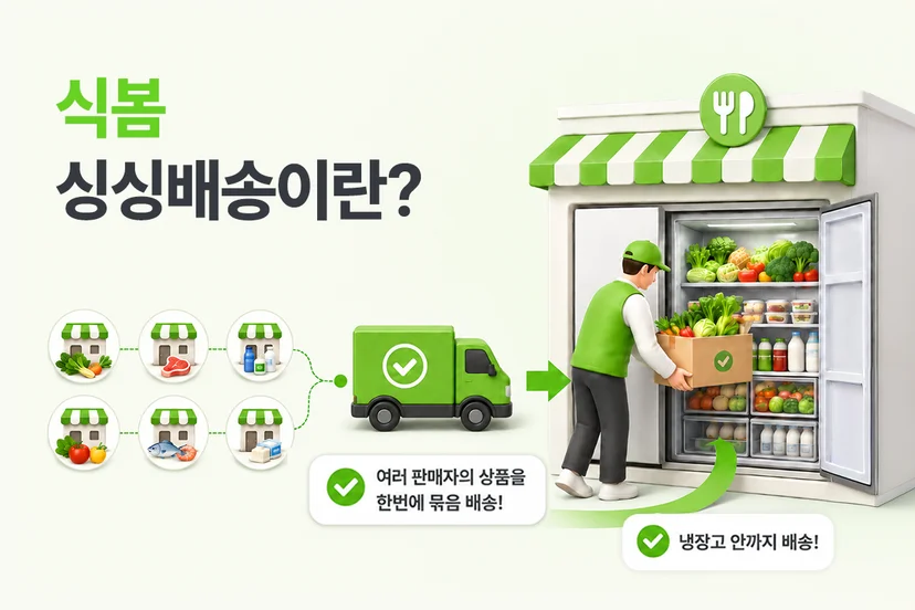 식봄 싱싱배송 안내 - 여러 판매자의 식자재를 한 번에 묶어 배송 기사가 식당 냉장고 안까지 채워 넣는 배송 방식