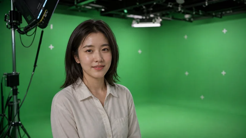 크로마키 그린스크린 앞에 배우가 선 전통적인 영상 합성 촬영 스튜디오