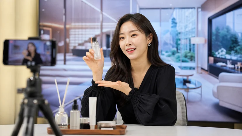 가상 배경을 띄운 LED월 앞에서 상품을 소개하는 라이브커머스 진행자