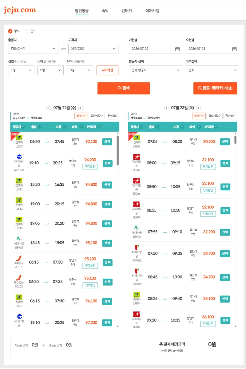 항공권 가격비교사이트  제주닷컴 검색 화면 장면