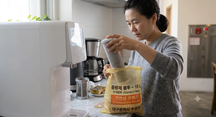 정수기 원통형 필터를 교체 후 노란색 10L 종량제 봉투에 담는 모습