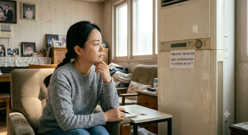 소파에 앉아 '폐형 에어컨: 버릴까 말까 고민중' 메모가 붙은 스탠드 에어컨을 바라보는 모습