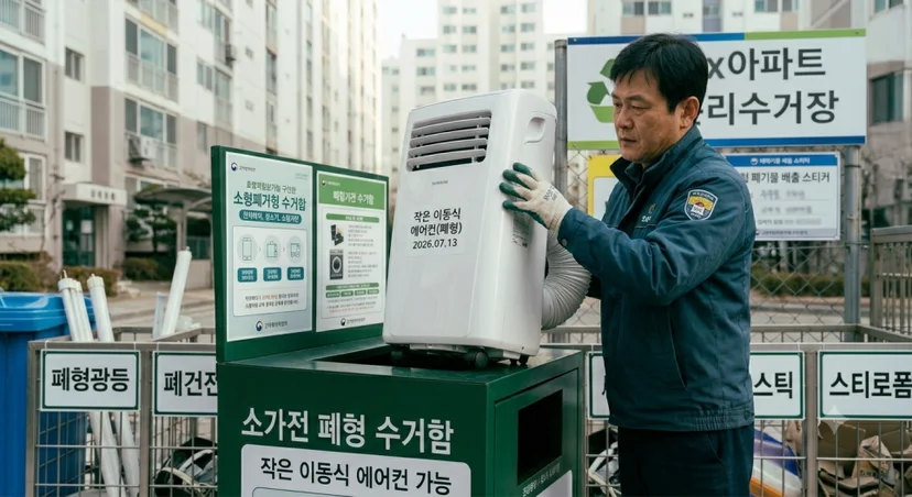 아파트 분리수거장에서 소가전 폐형 수거함에 작은 이동식 에어컨을 넣는 모습