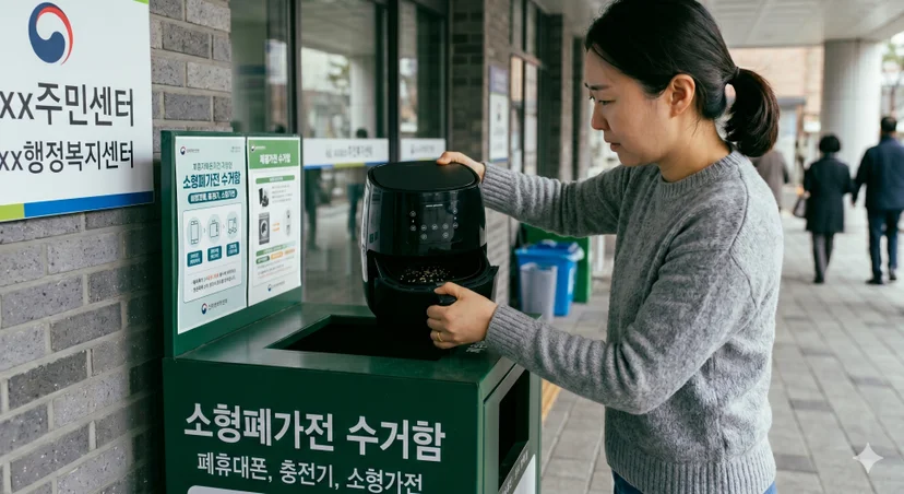 주민센터 앞 소형폐가전 수거함에 블랙 에어프라이어를 배출하는 여성의 모습