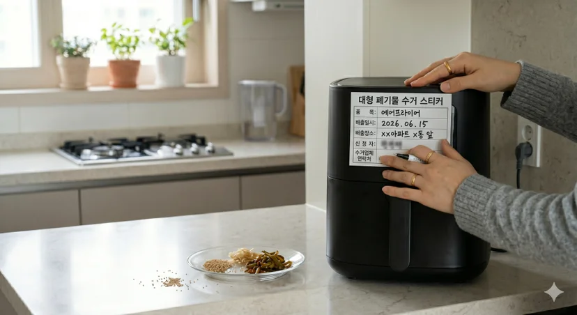 손으로 블랙 에어프라이어 전면에 대형 폐기물 수거 스티커를 부착하는 모습