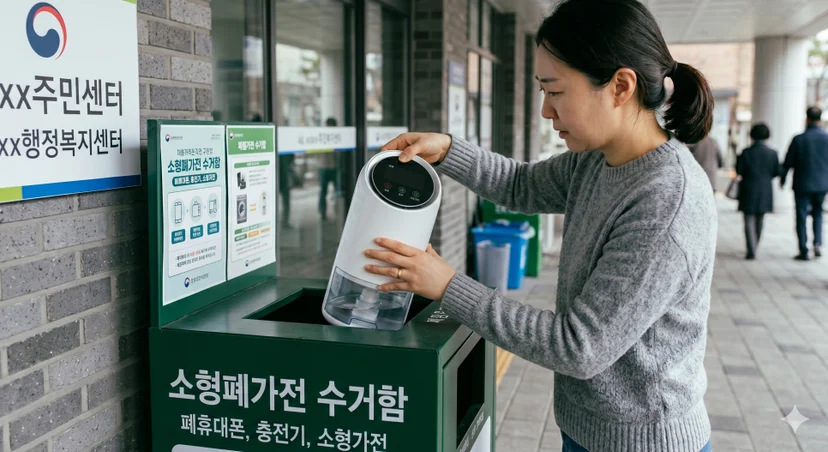 주민센터 앞 소형폐가전 수거함 투입구에 소형 화이트 제습기를 넣는 여성의 모습