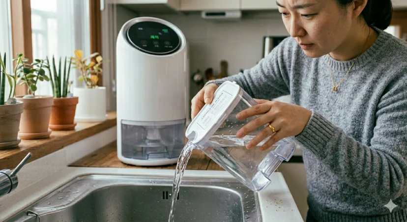 주방 싱크대 수전에서 제습기 물통의 잔여 물을 하수구에 비우는 모습