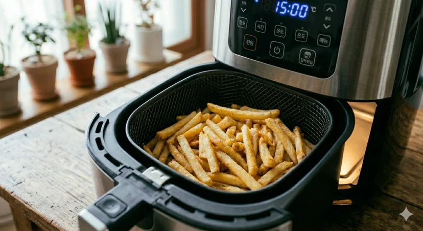 열린 에어프라이어 바스켓 망 위에 감자튀김을 넣고 15분 타이머로 데우는 모습
