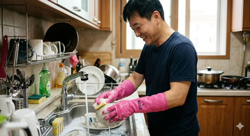 주방 싱크대에서 분홍색 고무장갑을 끼고 수세미로 설거지를 하는 남성의 모습