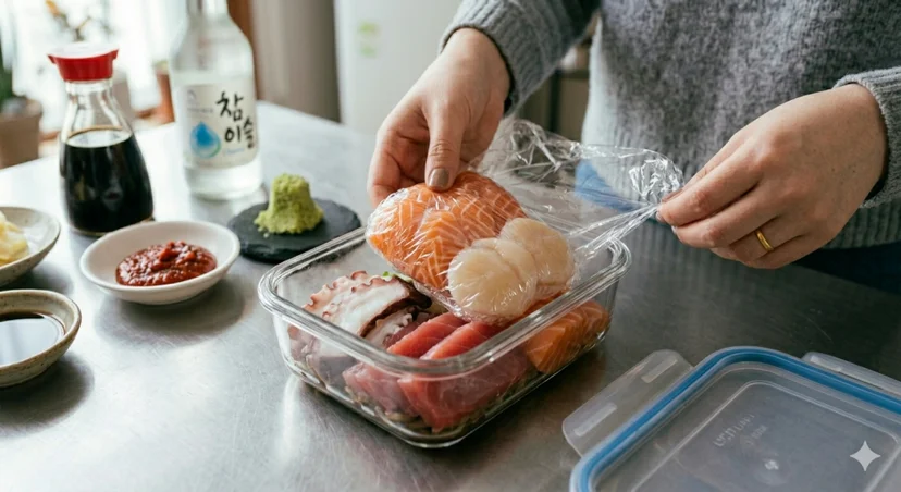 주방 조리대에서 남은 연어와 가리비 회를 투명 랩으로 감싸 유리 밀폐용기에 담는 모습
