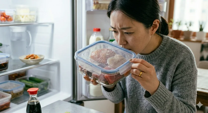열린 냉장고 앞에서 회가 담긴 유리 용기를 들어 신선도와 냄새를 확인하는 여성의 모습