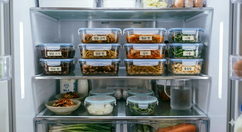 냉장고 선반에 '찜닭 고기', '찜닭 면' 라벨이 붙은 유리 용기들이 쌓여 있는 모습