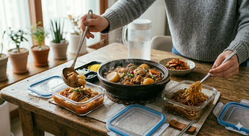 국자로 찜닭 고기와 당면을 각각 다른 유리 밀폐용기에 소분해 담는 모습