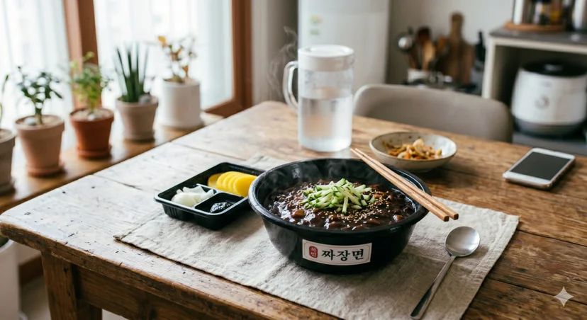 원목 테이블 위 오이채가 고명으로 올려진 김이 나는 짜장면 그릇과 단무지, 춘장