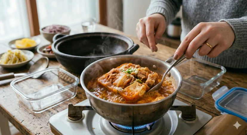가스레인지 위 냄비에서 소분했던 김치찜을 조려가며 데우는 모습